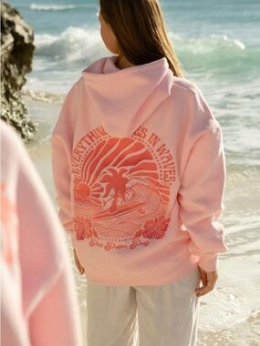 Pink Palm Puff Waves Hoodie, Pink - Small